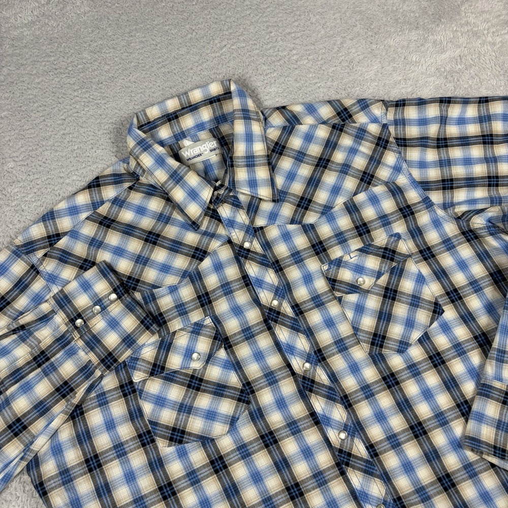 Wrangler Wrancher Shirt Mens XLT Plaid Blue Plaid Pearl Snap Western